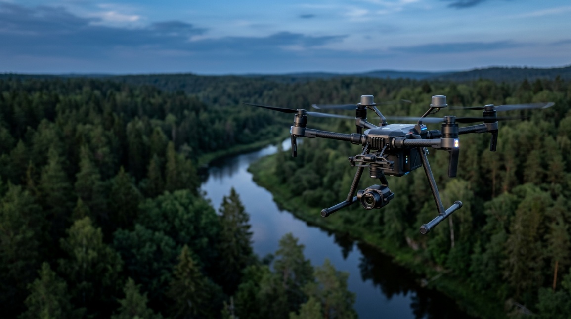 Drone sobrevoando área verde — mapeamento ambiental aéreo