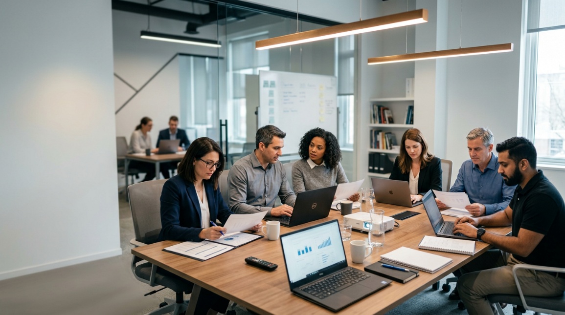 Equipe em reunião de gap analysis — implantação da ISO 14.001