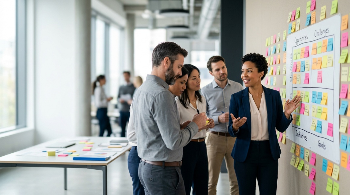 Equipe em reunião estratégica — materialidade ESG