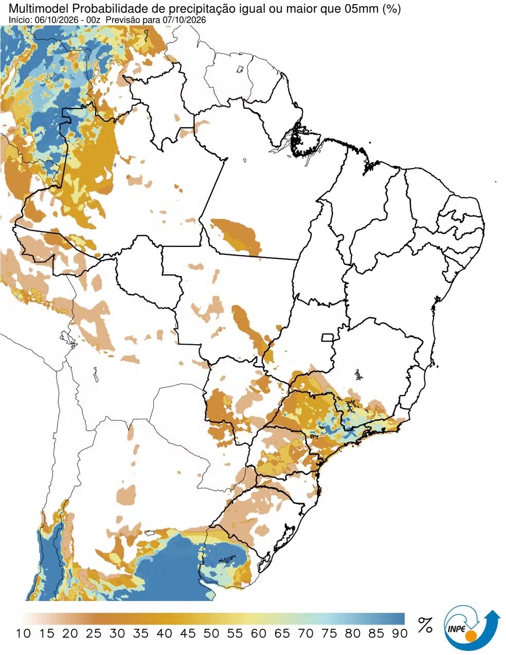 Mapa do Brasil com probabilidade de chuva igual ou maior que 5 mm para 7 de outubro de 2026, com maiores valores no Sul e no Sudeste