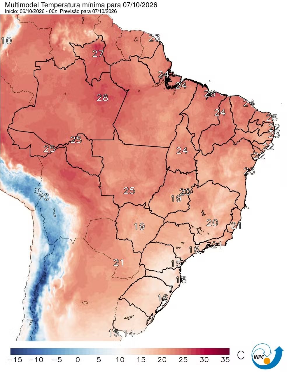 Mapa do Brasil com temperaturas mínimas previstas para 7 de outubro de 2026, mais altas no Norte e mais baixas no Sul
